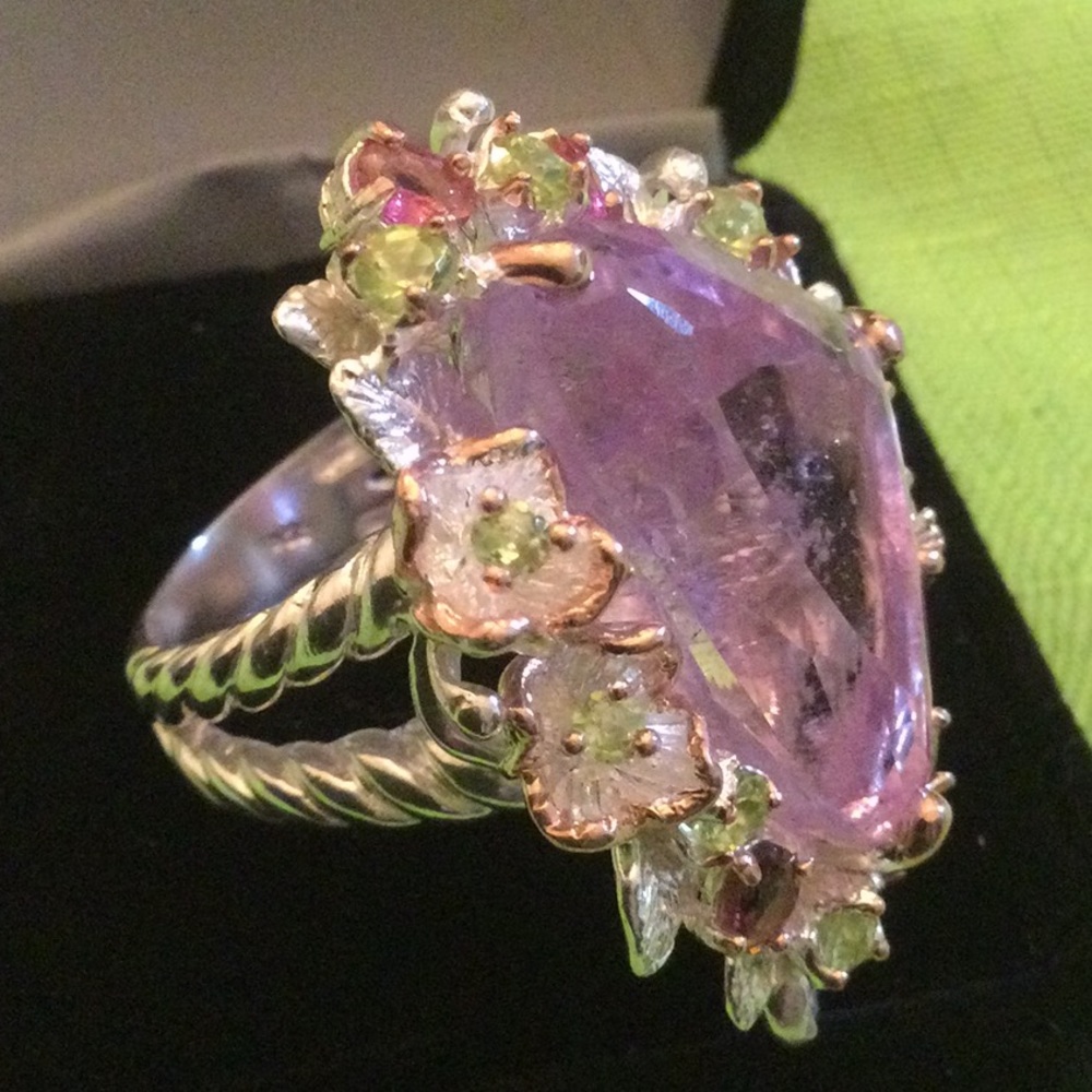 Magnificent Huge Genuine Kunzite & Tourmaline Ring, Rare Dreamscape Facet - Picture 9 of 12
